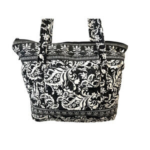 Tanya Lee Black And White Paisley Quilted Fabric Zipper Pocket Medium Tote bag
